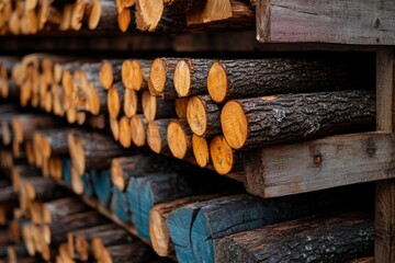 Stack of wooden logs arranged in a timber storage area
