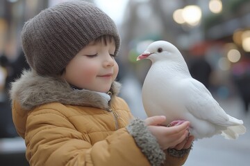 Little boy in a yellow coat smiling while holding a white dove on a winter street
