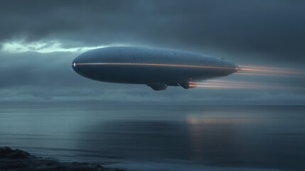 Airship flies over the ocean, moody sky and a futuristic mode of travel.