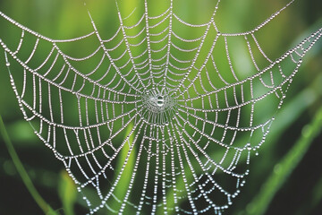 "Close-up of dew-covered spider silk on grass, showing intricate web design and water droplets in high definition."