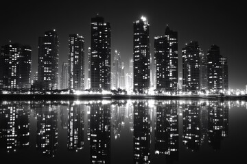 Black and white city skyline at night with illuminated buildings