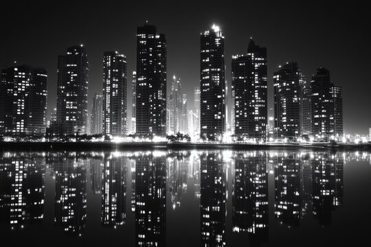 Fototapeta Black and white city skyline at night with illuminated buildings