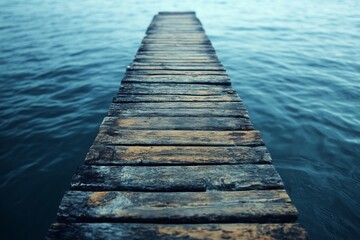 Obraz premium Wooden pier leading into calm blue water with soft clouds on the horizon