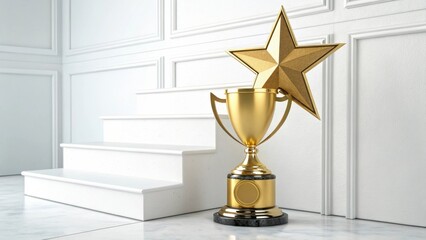 A shiny golden trophy with a star sits on a marble floor beside a white staircase, symbolizing achievement and success.