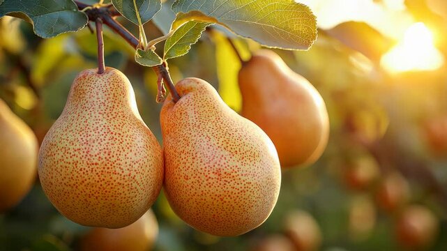 Golden pears ripening on a tree in a sunlit orchard during the late afternoon
