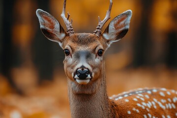 Obraz premium Young deer standing in forest during golden autumn light