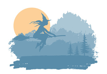Flying young witch on a broomstick against brush painted sunset landscape.