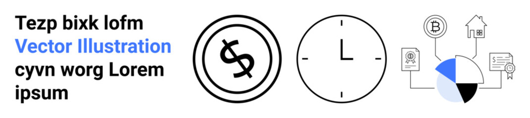 Currency symbol in a circle, clock indicating time, pie chart, and connected icons. Ideal for finance, savings, time management, investments, analytics business strategy abstract line flat metaphor