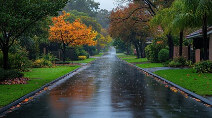 Wet pavement, green trees serene suburban street, gentle rain, overcast sky.