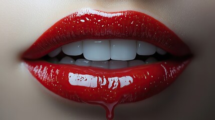 White background red lips, slightly open, white teeth, dripping red lipstick.