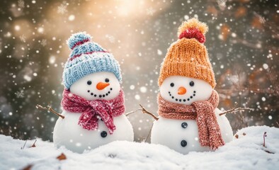 Fototapeta premium Cute Snowmen in Snowy Landscape with Colorful Knitted Hats and Scarves