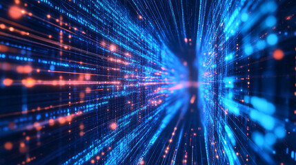 Obraz premium Abstract digital data stream with blue and orange light trails in a tunnel effect view