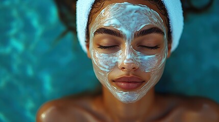 Fototapeta premium Wrapped in a towel, she meticulously applies a facial mask for anti-aging moisture and flawless skin, embodying towel elegance.