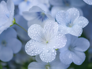 Fototapeta premium ネモフィラの美しい花、雨上がりの水滴