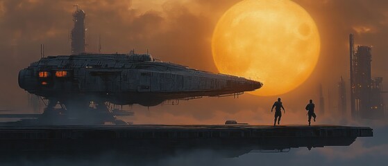 Futuristic spaceship on industrial platform under orange moon with pilots running for take-off