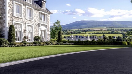 Luxurious French Chateau  Rolling Hills Landscape  Manicured Lawn  Stone Mansion