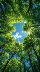 Fototapeta premium Lush green canopy against blue sky. Ideal for carbon neutrality, environmental campaigns, spring promotions, and peaceful nature backgrounds. Tranquil, refreshing scene.