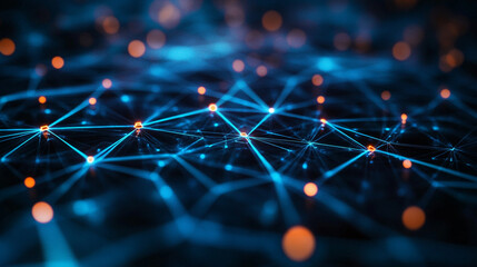 Obraz premium Abstract network with blue lines connecting orange dots creating a complex technological pattern