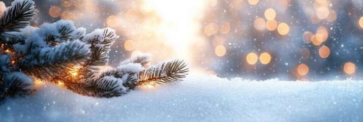 Winter Wonderland Scene with Snow-Covered Pine Branches and Bright Bokeh Lights in Serene Countryside