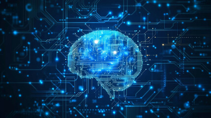 Fototapeta premium Digital brain circuit board with glowing nodes and connections on a dark blue background