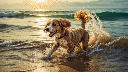 Joyful Dog Frolicking in Ocean Waves Under Sunlight Golden Retriever Happy Pet on Beach Seaside Adventure Energetic Puppy Playing Nature Outdoors Water Splash Sunny Day Fun Animal Portrait