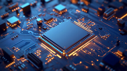 A close up of a blue and orange computer circuit board with a central processor unit chip in focus
