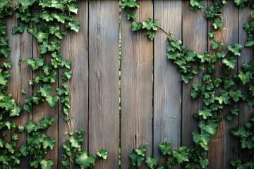 Fototapeta premium Weathered gray wooden picket fence with creeping ivy tendrils in a serene rural garden setting