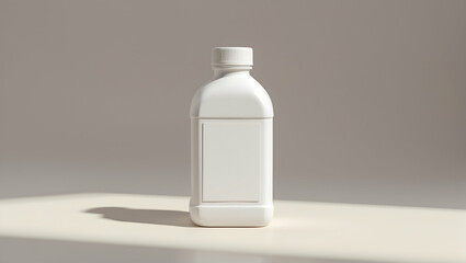 Medical technology A simple white plastic bottle with a screw cap and a blank label is centrally positioned on a light-colored background (1)