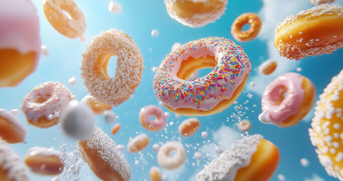 Donut, flying, white background, delicious