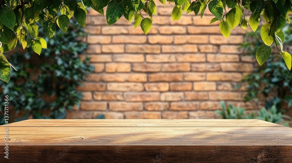 Poster rustic wooden table with blurred brick wall and green leaves for display or montage