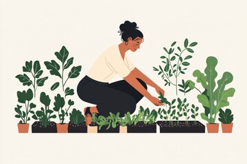 Minimalist Flat Illustration of a Gardener Planting Seeds in a Sustainable Garden