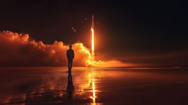 Silhouette's Launch: A lone figure stands silhouetted against a dramatic sunset, watching a rocket launch with fiery trails.