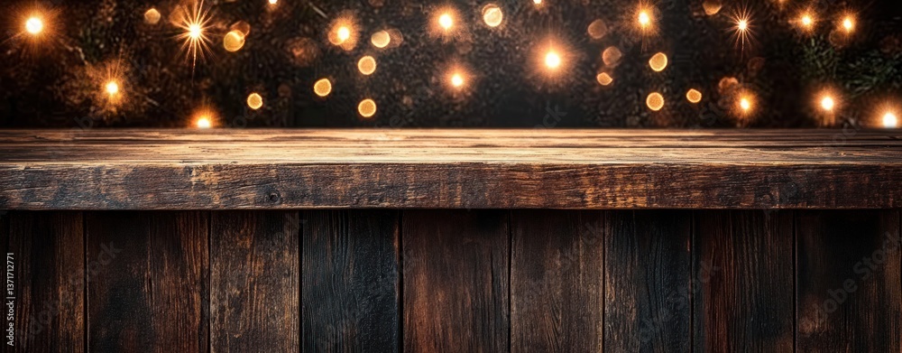 Poster rustic wooden counter with golden bokeh lights in front of a dark stone wall for christmas decoratio