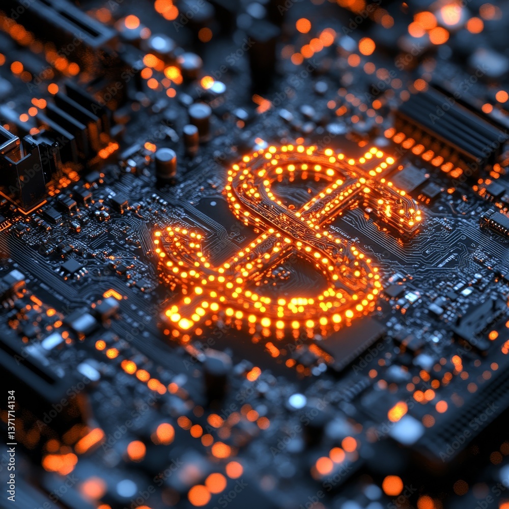Poster Digital Currency: A Glowing Dollar Sign Embedded in a Modern Computer Motherboard, Representing Financial Technology 