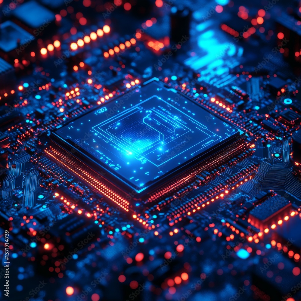 Poster Futuristic Central Processing Unit: A Vibrant Digital Circuit Board with Glowing Blue and Orange Components