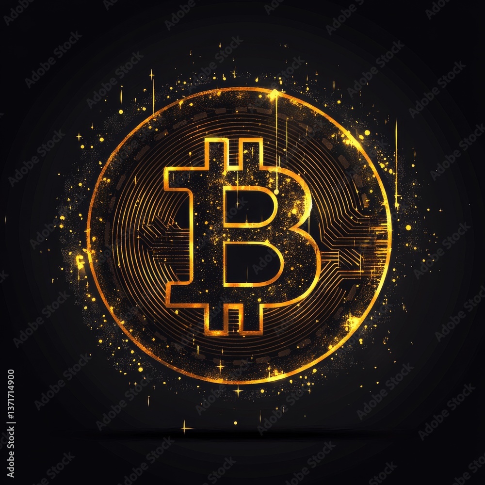 Poster golden bitcoin: digital currency concept with glittering sparkles on a dark background depicting fin