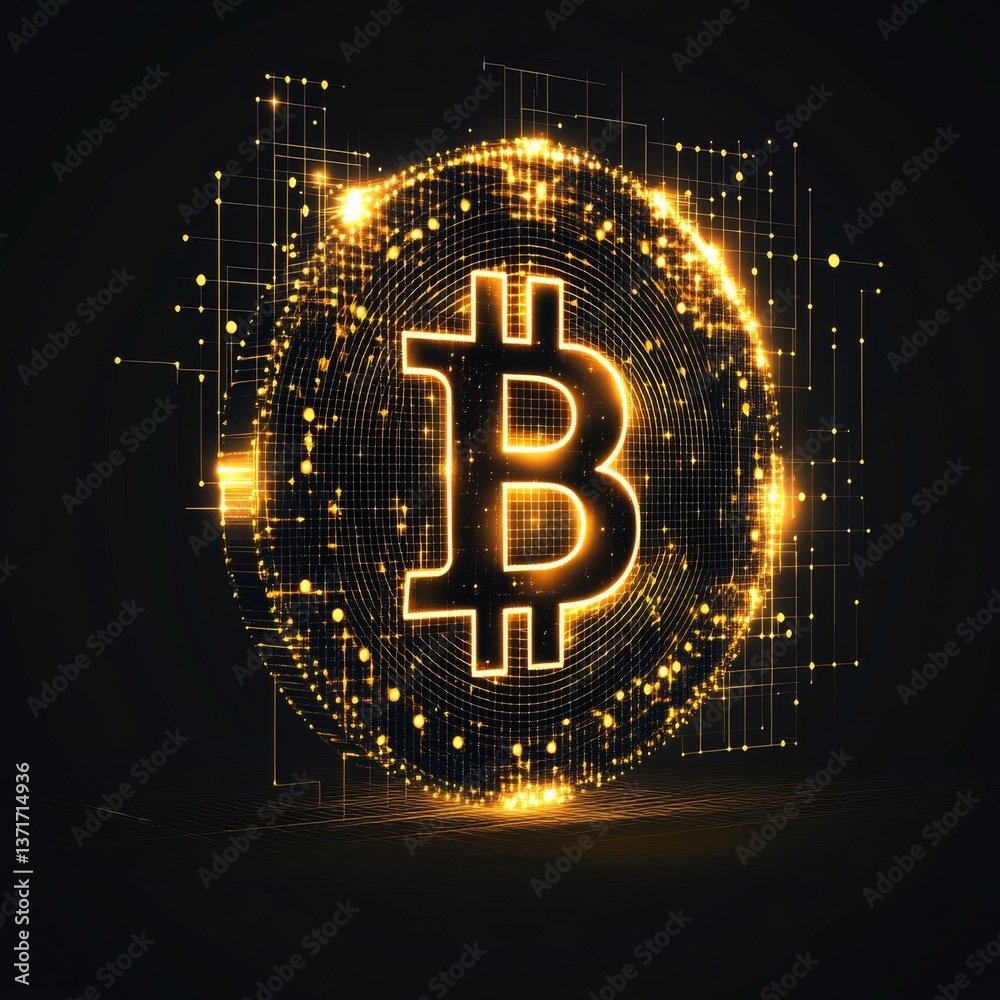 Aufkleber golden bitcoin symbol encased in digital network, shining brightly on black background with a future