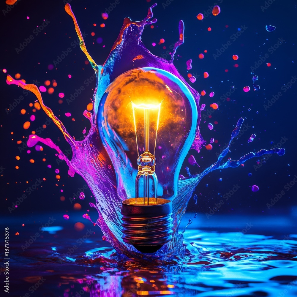Poster Light Bulb Explosion: A vibrant light bulb illuminates a burst of colorful liquid on a dark backdrop, a visual representation of innovation.