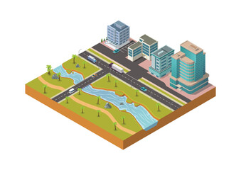 Isometric city with modern building and natural river