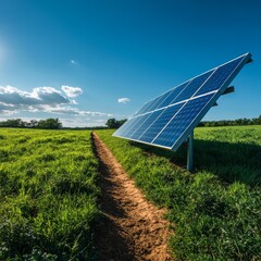 Solar Panel on a Field: Sustainable Energy Solution with Lush Green Grass and Clear Blue Sky for a Greener Future