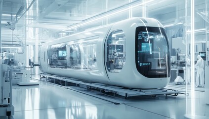Obraz premium Futuristic White Vehicle in Modern Factory Setting