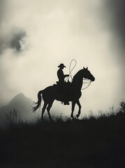 A black-and-white photo of an American cowboy on a horse, holding a noose in one hand