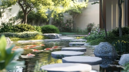 Obraz premium Koi fish swim in a tranquil pond with stepping stones in a zen garden setting.