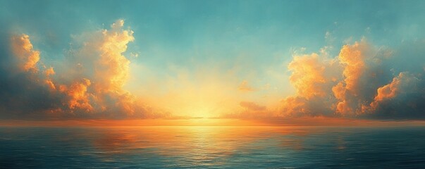 Fototapeta premium Golden Sky with Soft Blue Tones and Fluffy White Clouds at Sunset