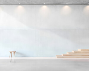 Modern minimalist interior featuring a wooden stool and light wood stairs in an open space