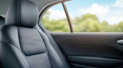 Fototapeta premium interior of a car featuring a black leather seat and a view of a sunny, green landscape through the window.