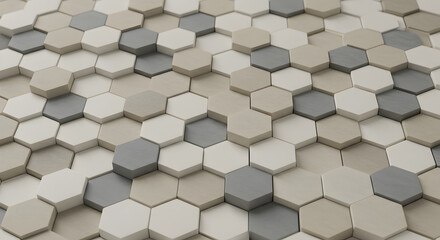 This image showcases a three-dimensional and textured arrangement of hexagonal tiles in neutral tones.