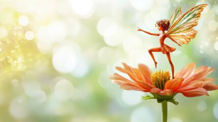 Whical brown-skinned fairy with orange wings perched on vibrant flower in sun-dd forest setting, creating a magical and enchanting scene