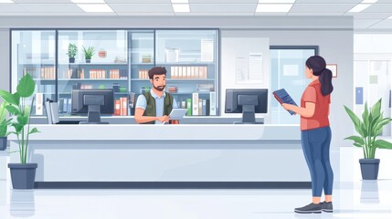 Young woman at library reception desk holding book and engaging in conversation with male attendant behind counter in modern office environment