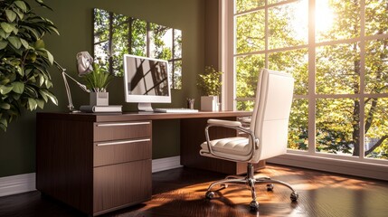 Fototapeta premium Modern Home Office Desk Sunlight Plants White Chair